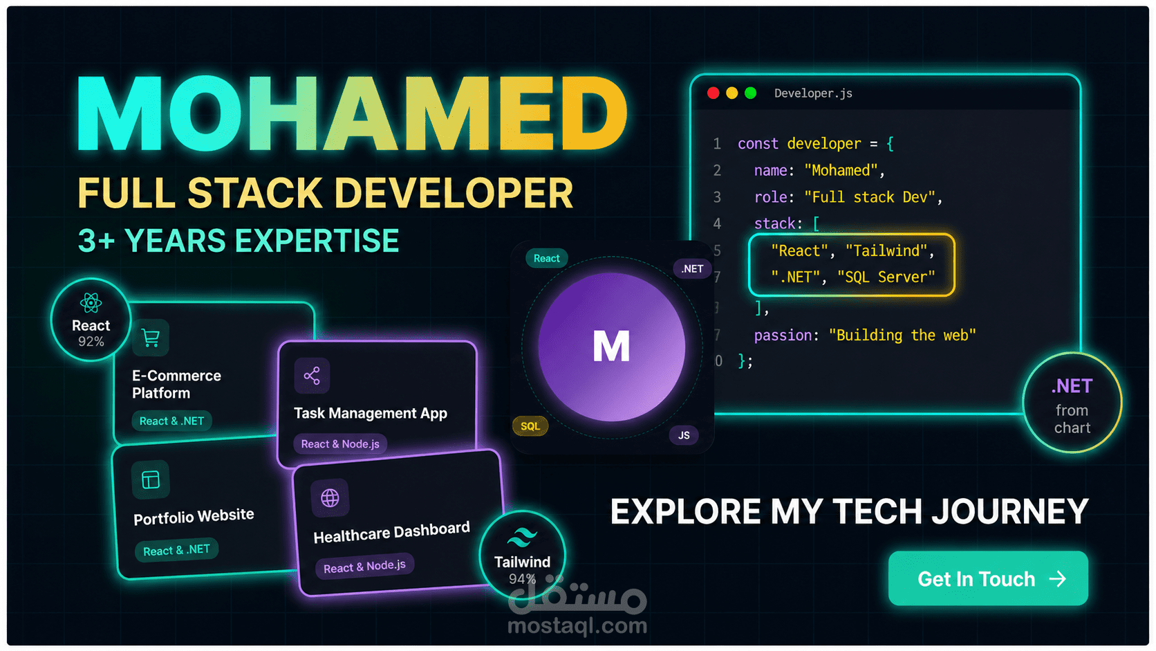 موقع بورتفوليو احترافي باستخدام React (تصميم حديث ومتجاوب)