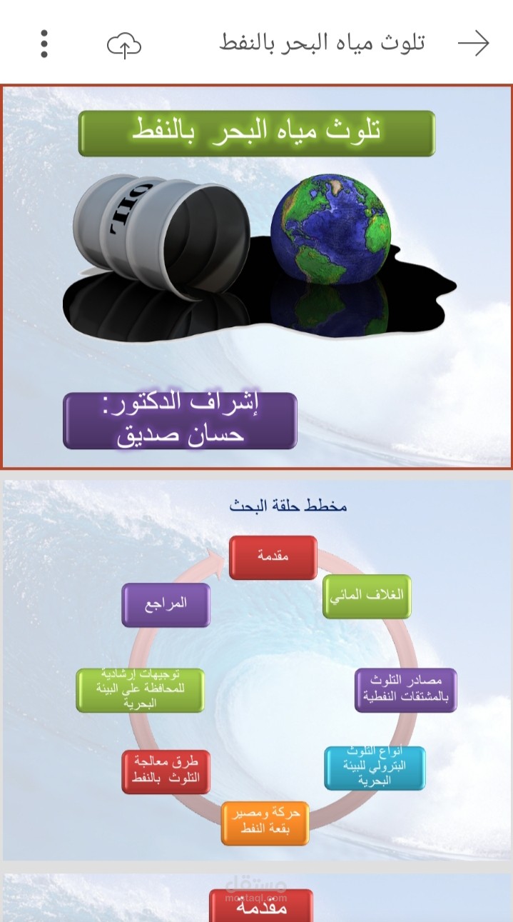 تصميم بوربوينت و كتابة ورد لحلقة بحث بعنوان ( تلوث مياه البحر بالنفط)