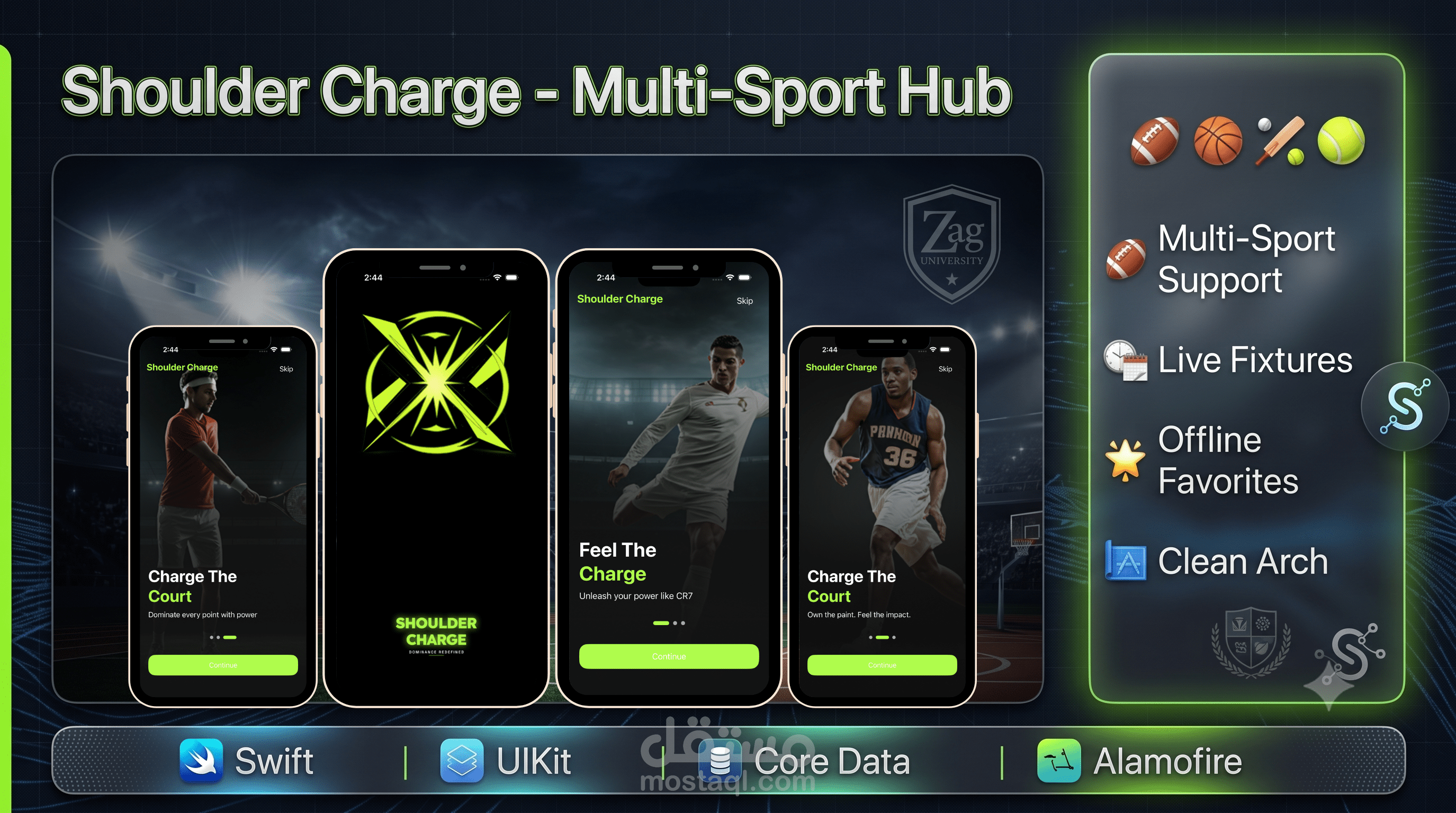 تطبيق Shoulder Charge الرياضي لمنصة iOS (Native) بـ Clean Architecture