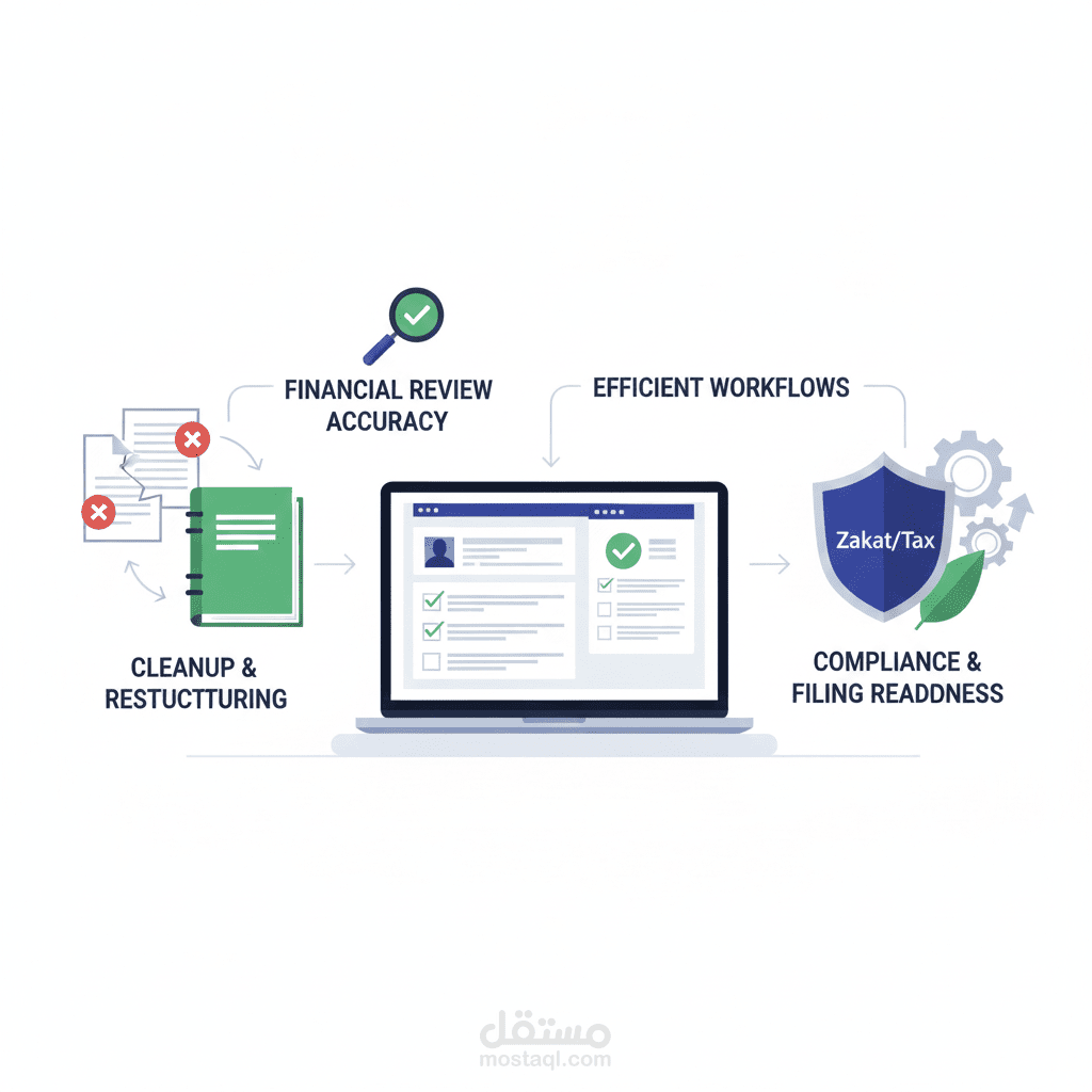 تنظيم وإعادة هيكلة الحسابات المتأخرة للمؤسسات و مراجعه الحسابات قبل تقديم الإقرار الضريبي و إقرار الزكاة