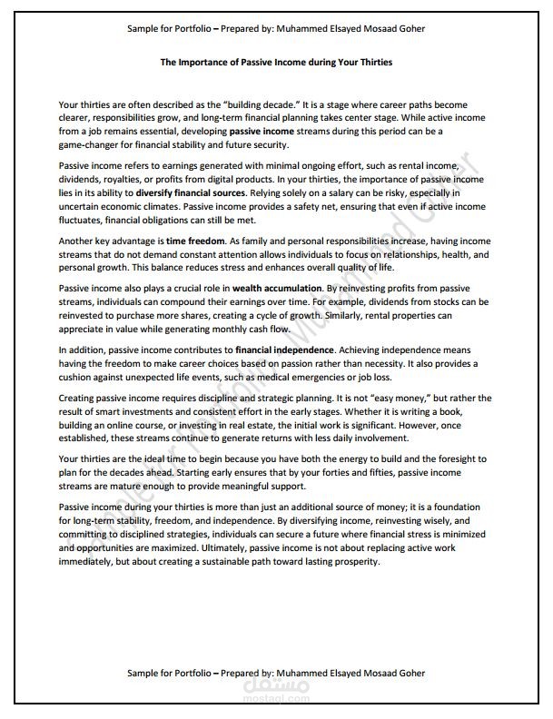 Content Writing - English Essay  Topic - The Importance of Passive Income During Your Thirties