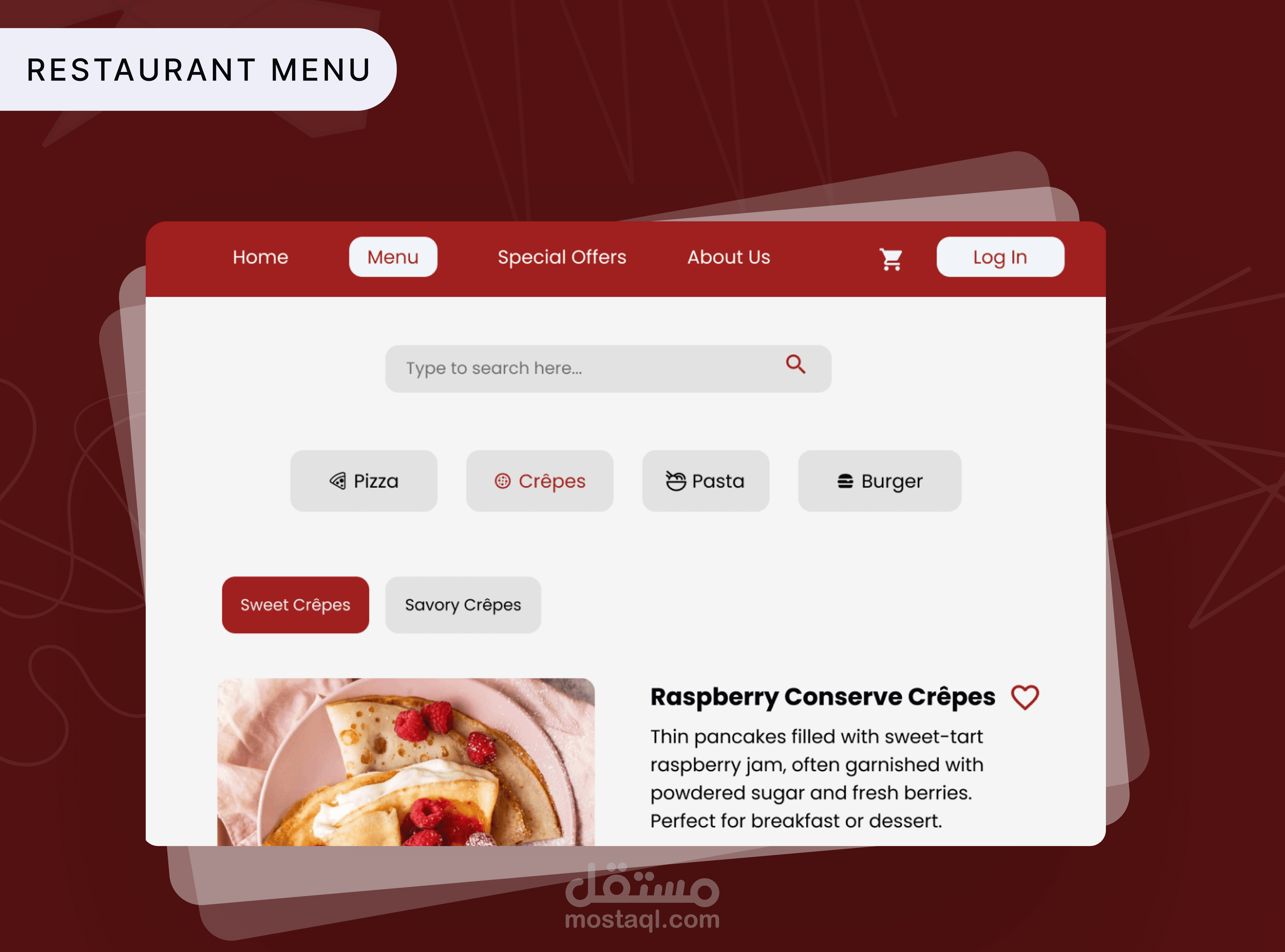 تصميم صفحة قائمة الطعام لمطعم