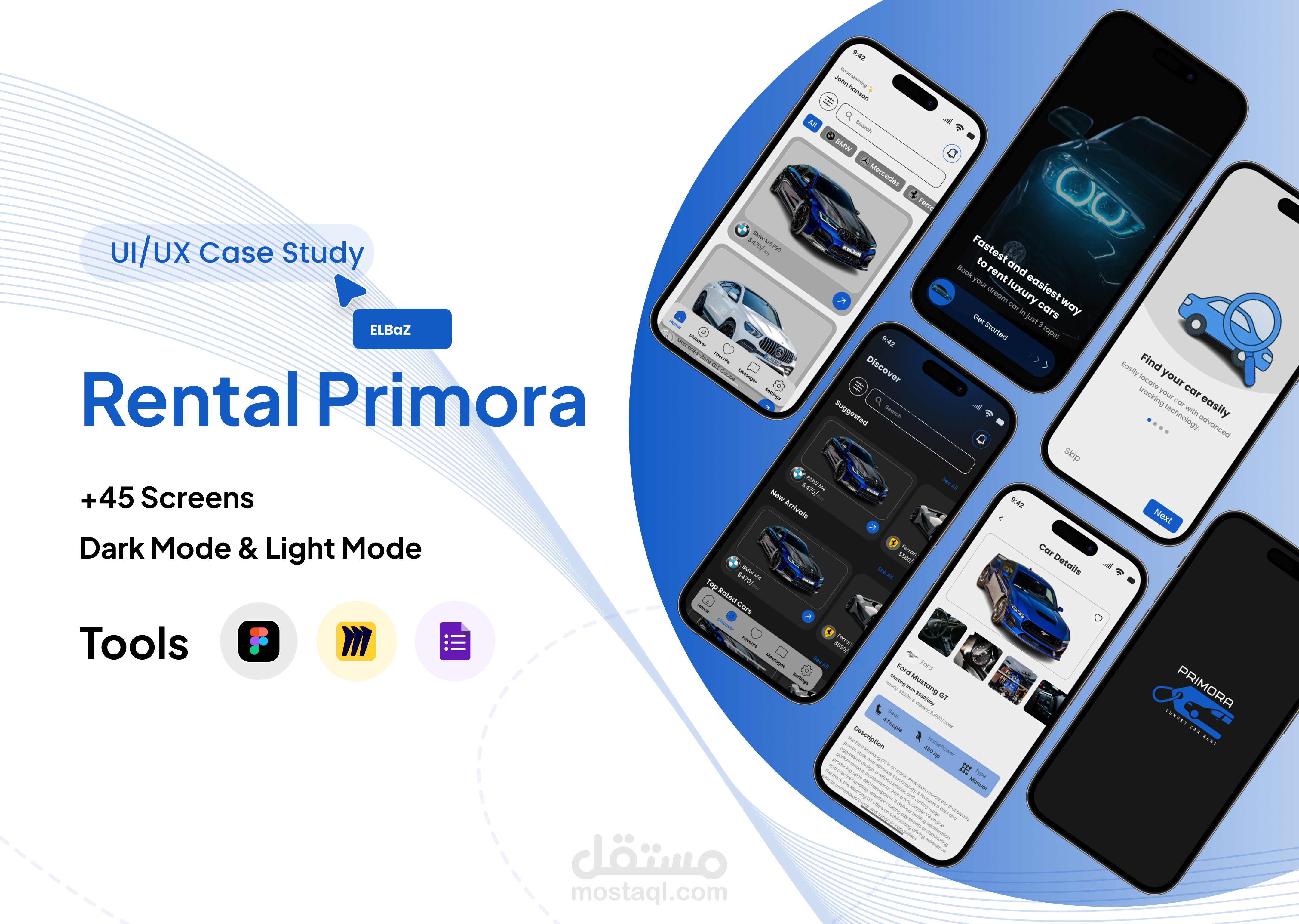 Rental Primora - تطبيق متكامل لتأجير السيارات (Dark & Light Mode) مع بروتوتايب تفاعلي