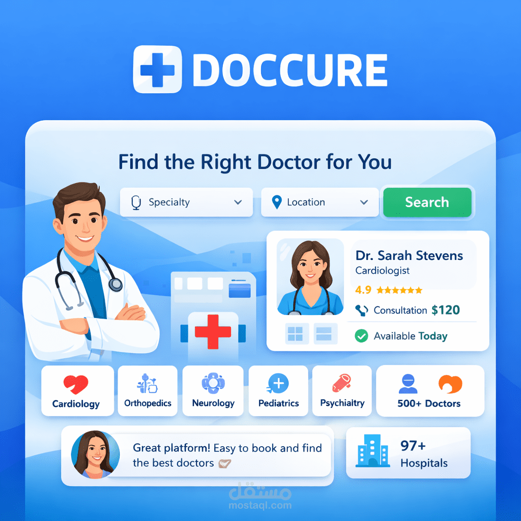 DOCCURE – تصميم واجهة منصة طبية حديثة لحجز الأطباء عن بُعد