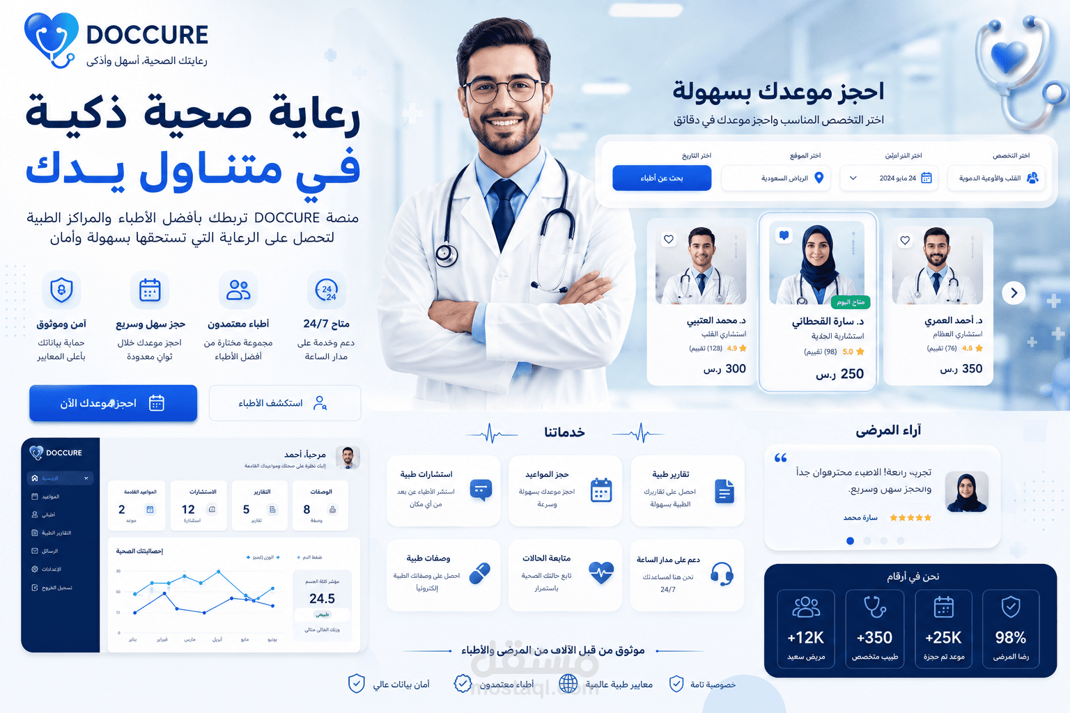 DOCCURE – تصميم واجهة منصة طبية حديثة لحجز الأطباء عن بُعد