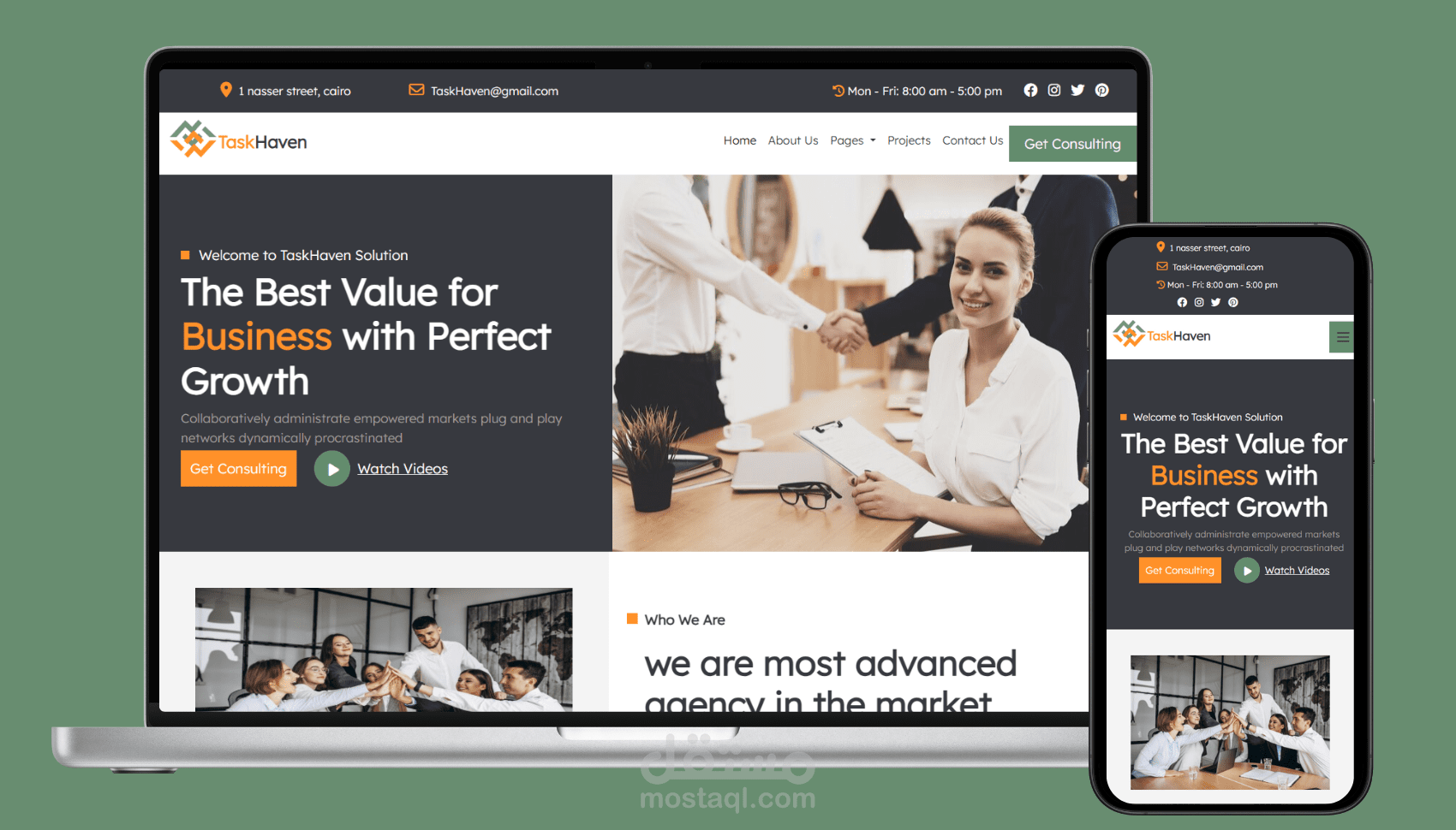 تصميم موقع ويب  لشركة بتصميم مميز ومتجاوب على كل الشاشات (اللابتوب, الموبايل,الايباد) باستخدام HTML, CSS, JS, Bootstrap