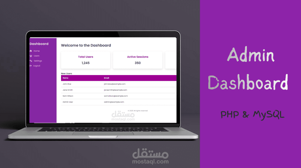 تطوير لوحة تحكم إدارية احترافية بلغة PHP لإدارة المستخدمين والإعدادات