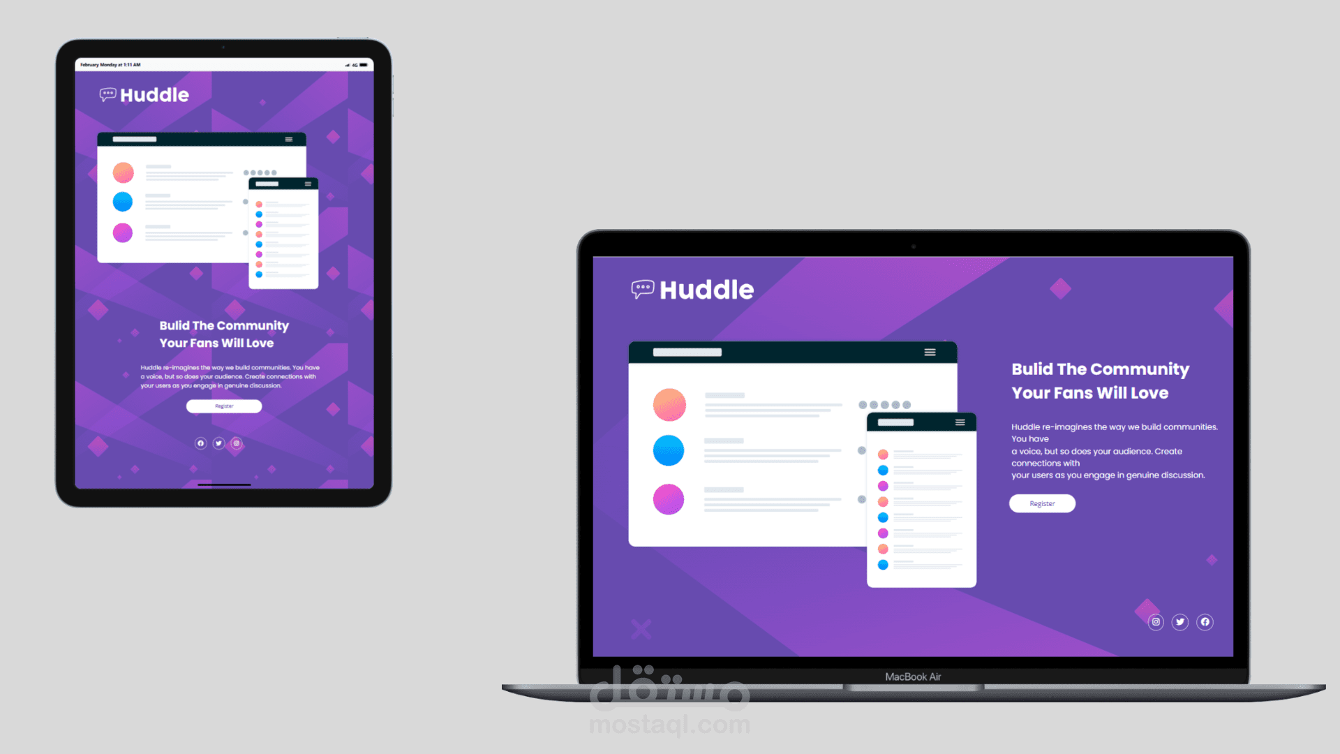 صفحة الهبوط لمنصة Huddle