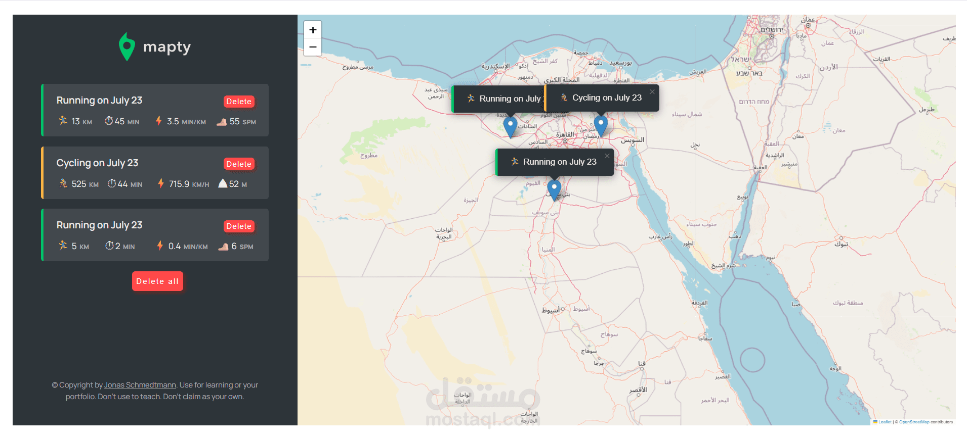تطبيق تتبع تمارين رياضية تفاعلي على الخريطة باستخدام Leaflet.js