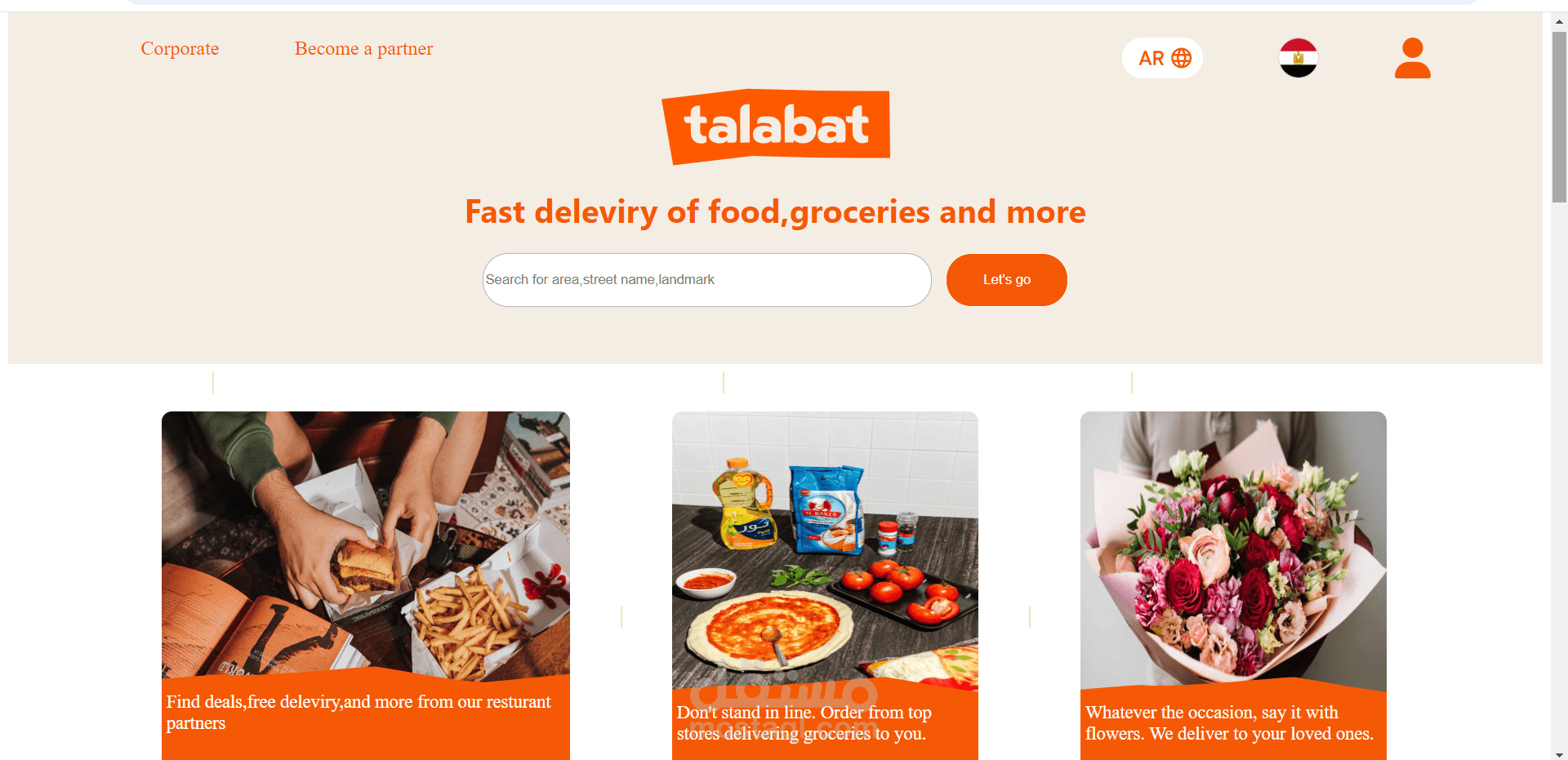 مشروع "Talabat-Clone" هو منصة إلكترونية تحاكي تطبيق Talabat، تتيح للمستخدمين استعراض قوائم كثيره للاختيار منها وتتبع الطلبات بسهولة.