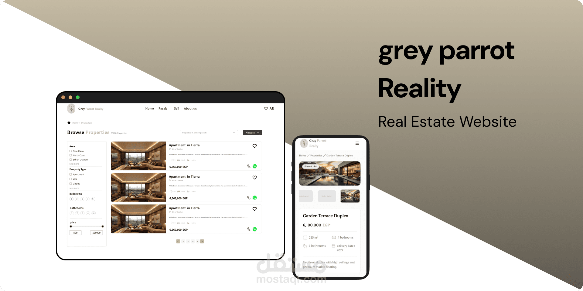 موقع إلكتروني نظيف وسهل الاستخدام للعقارات، مصمم لمساعدة المستخدمين على استكشاف العقارات وتصفيتها وتقييمها بوضوح وثقة.