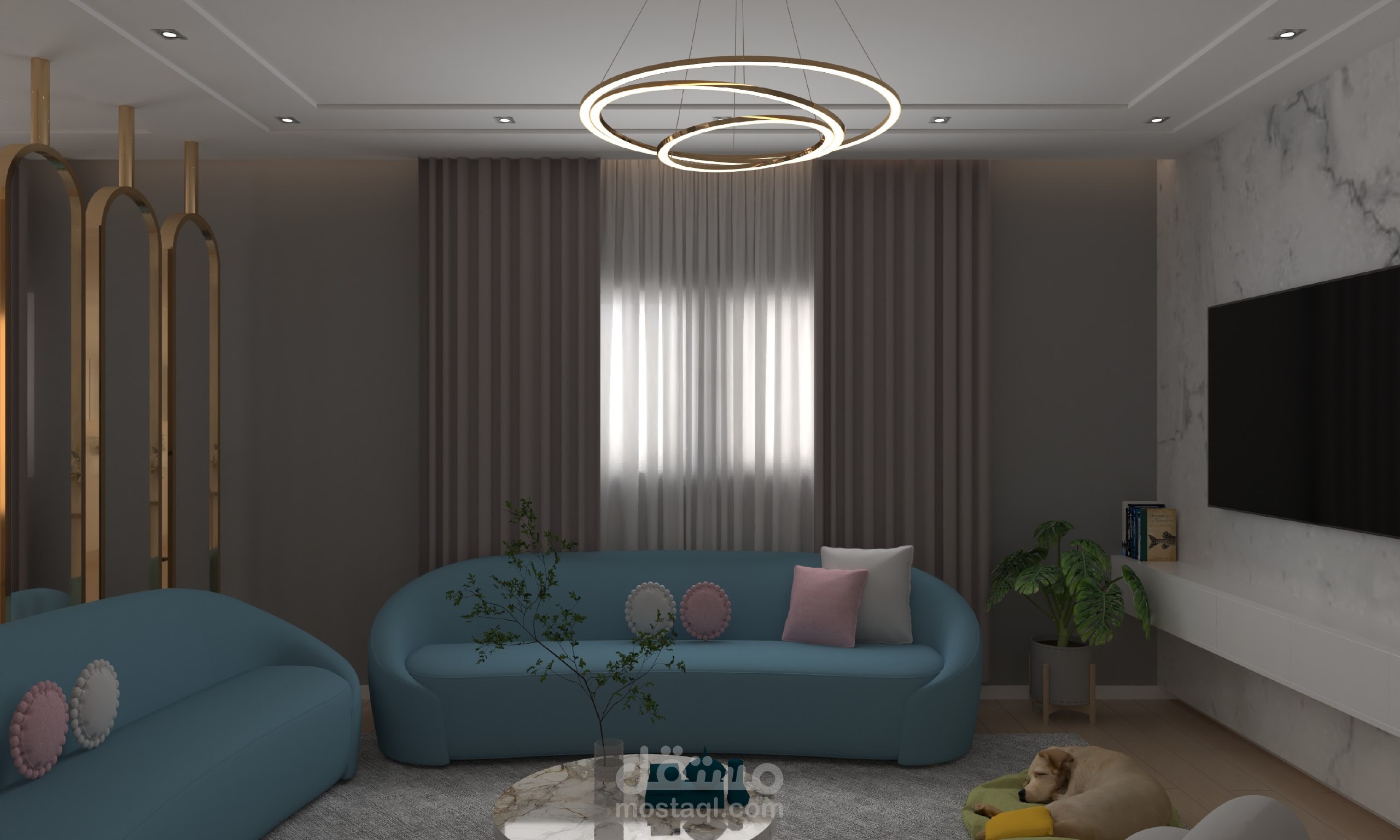 تصميم داخلي لغرفة معيشة، غرفة طعام، مطبخ ودرج خدمة - طراز Art Deco