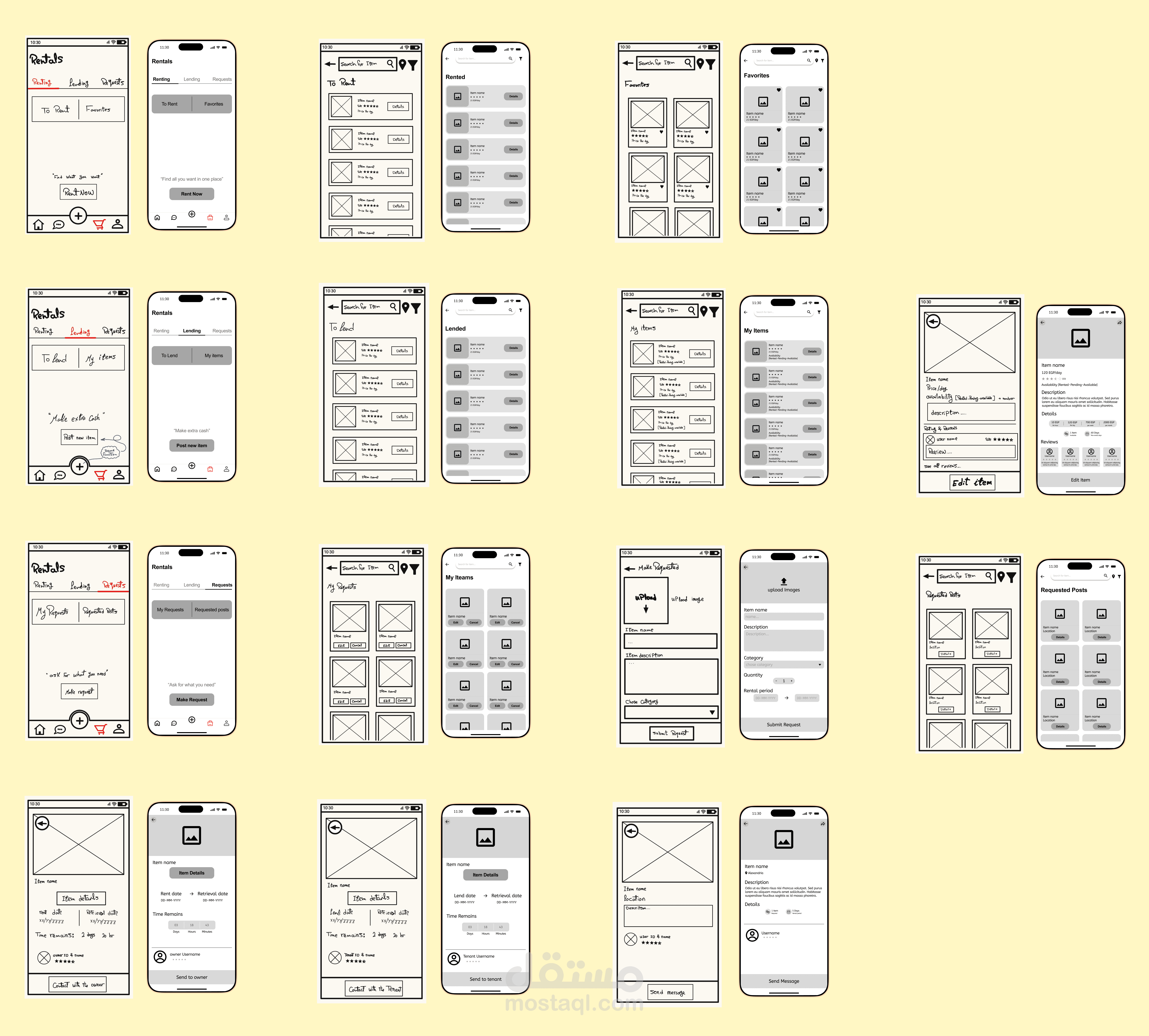 تصميم low and mid fidelity wireframes لتطبيق موبايل