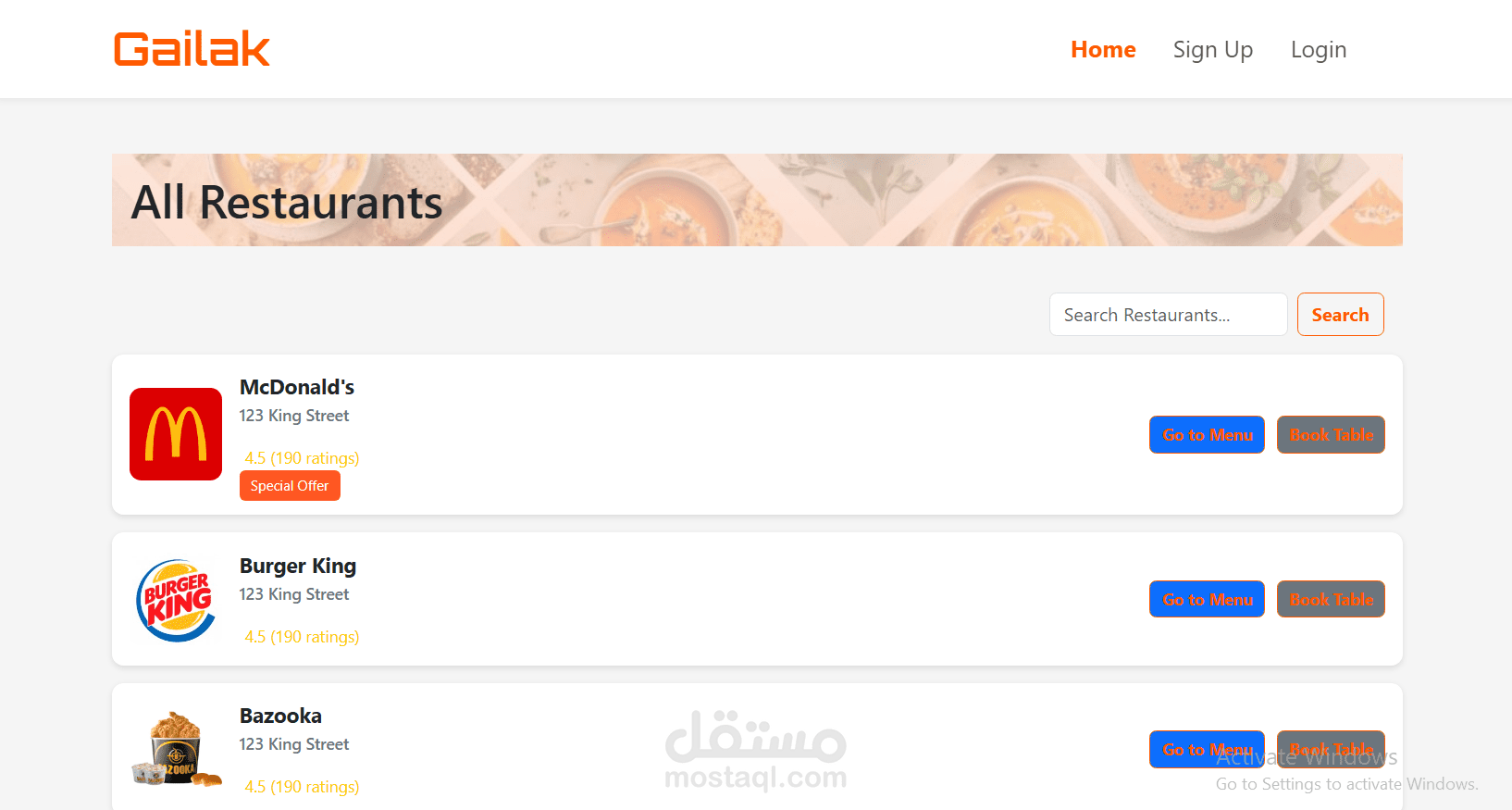 تطوير واجهة عرض المطاعم مع البحث والحجز – مشروع منصة Gailak