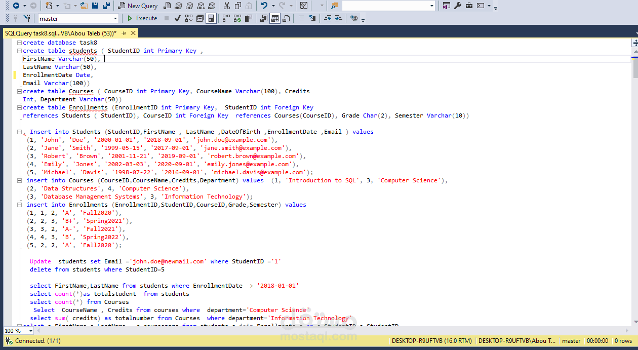 إنشاء وإدارة قاعدة بيانات للطلاب والكورسات باستخدام SQL