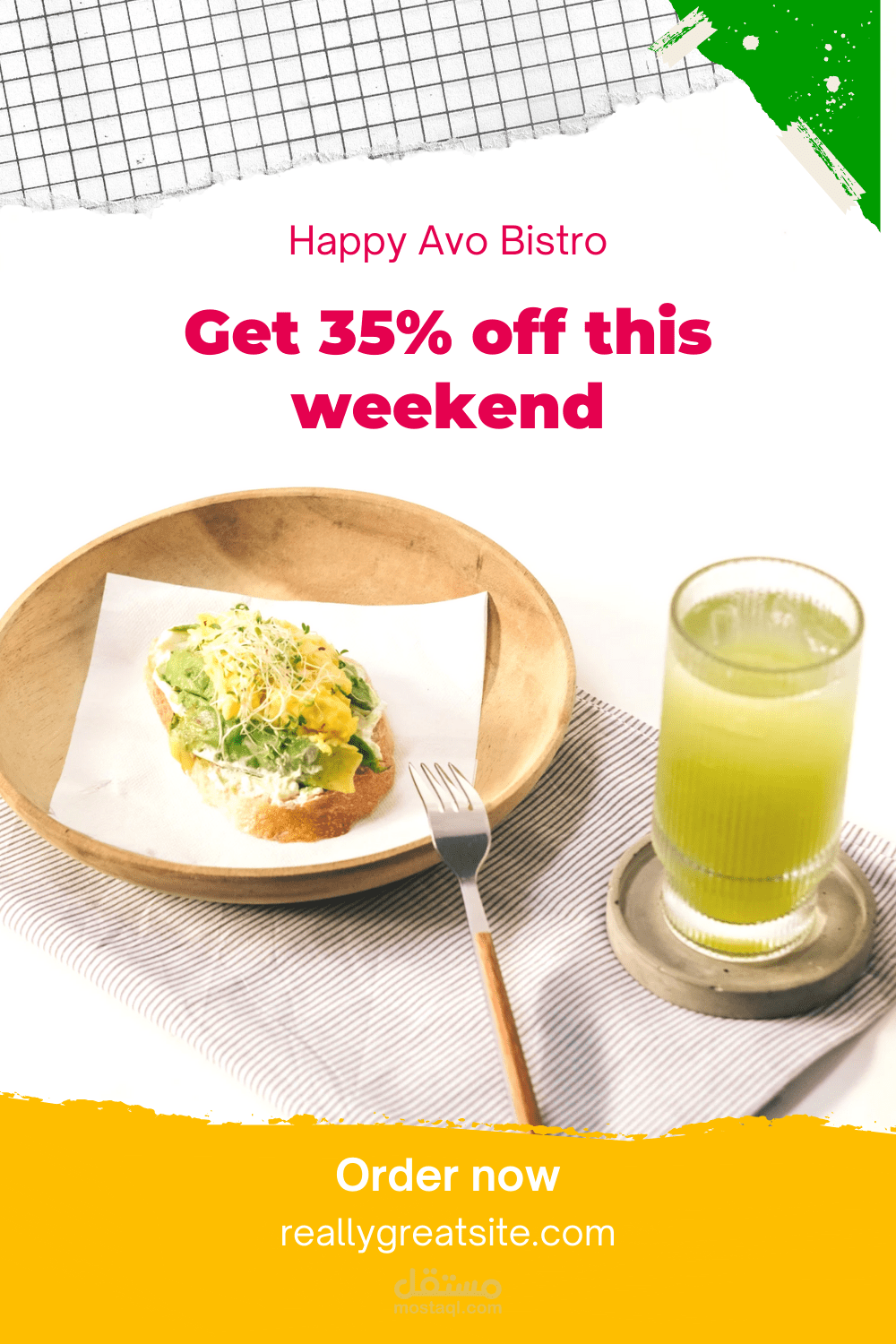 تصميم إعلان ترويجي لمطعم Happy Avo Bistro باستخدام Canva