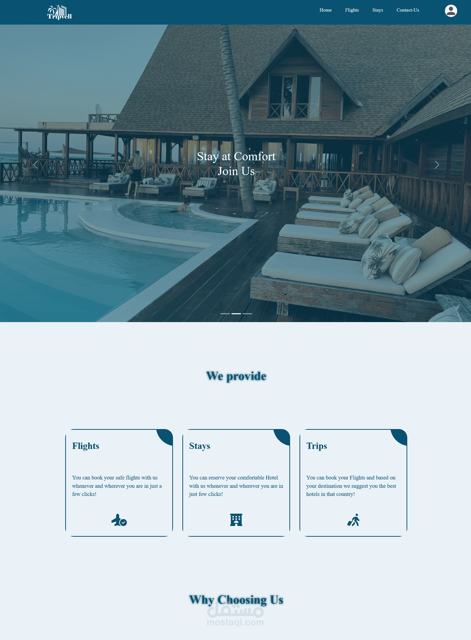 صفحة home لموقع حجز رحلات وفنادق