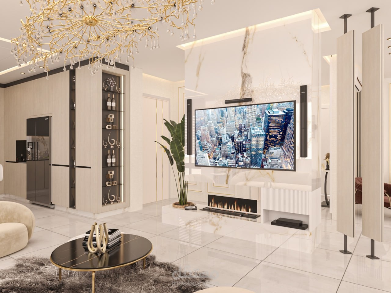 تصميم داخلي لمدخل شقة مع صالة معيشة ومطبخ ومنطقة طعام