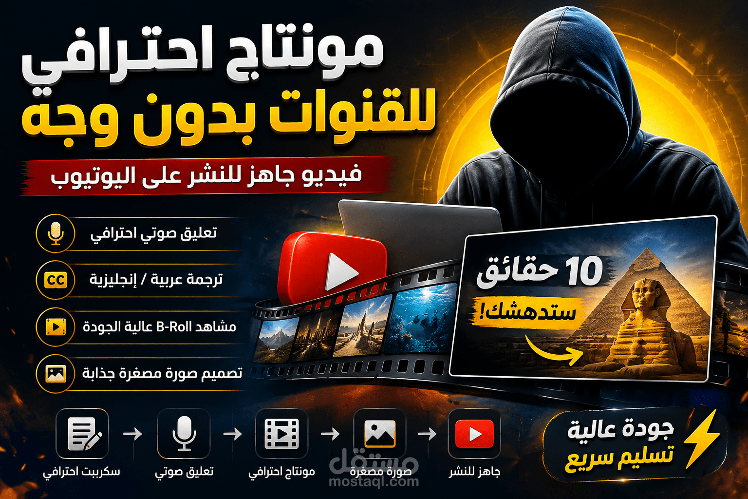 تصميم صور مصغرة احترافية + مونتاج فيديوهات لقنوات اليوتيوب بدون وجه