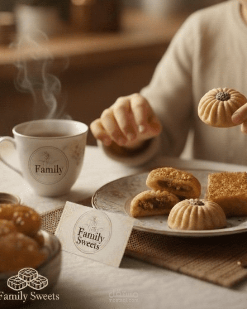 إخراج فني وهوية بصرية لبراند حلويات منزلية.