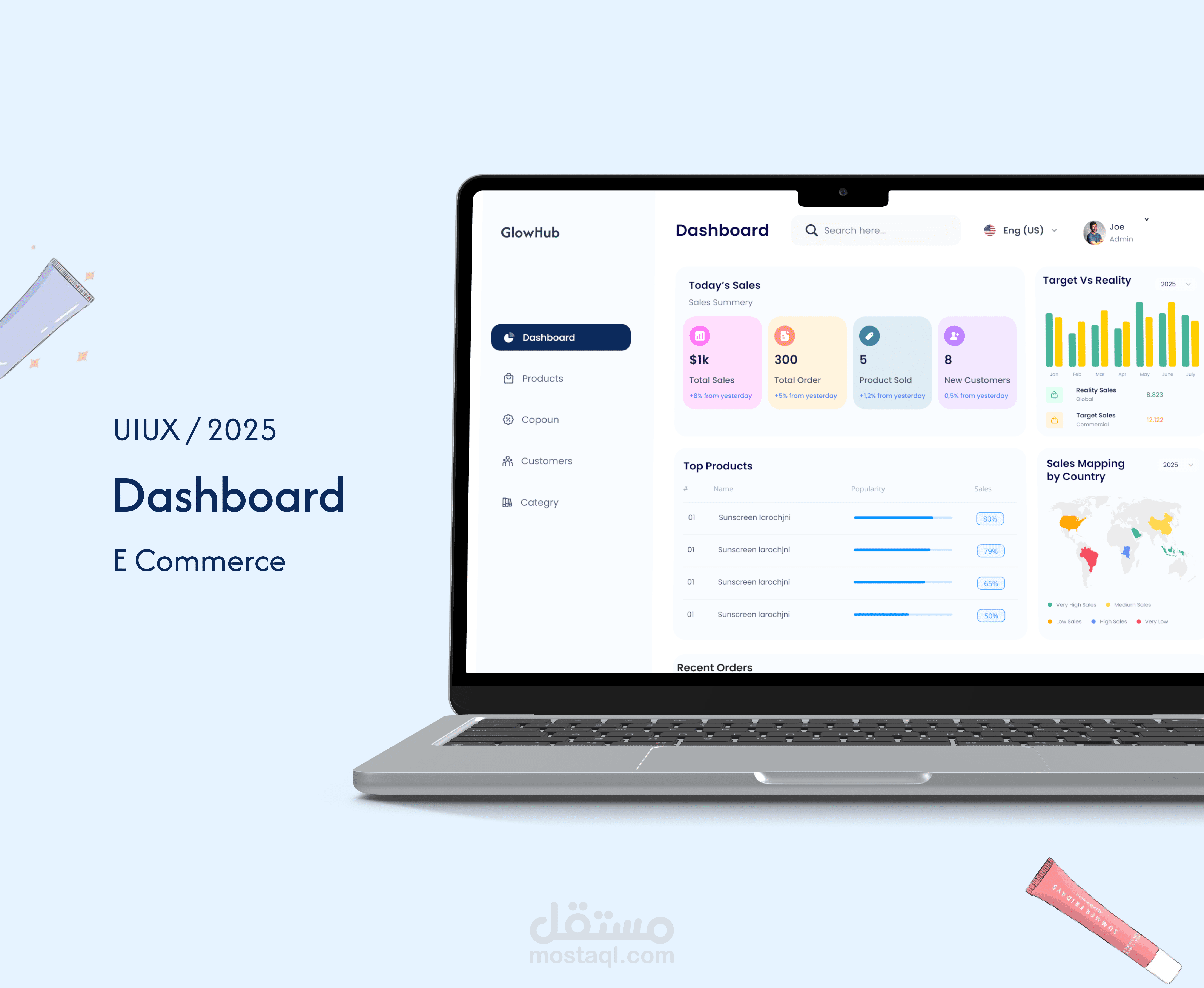 تصميم لوحة تحكم احترافية لإدارة متجر إلكتروني لمنتجات العناية الشخصية (UX/UI Dashboard)