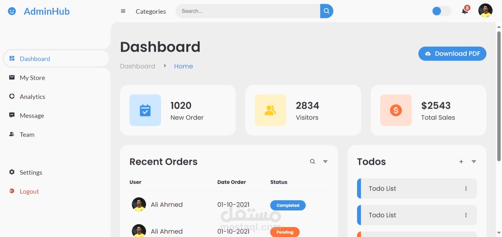 لوحة تحكم لادمن باستخدام html ,css ,java script