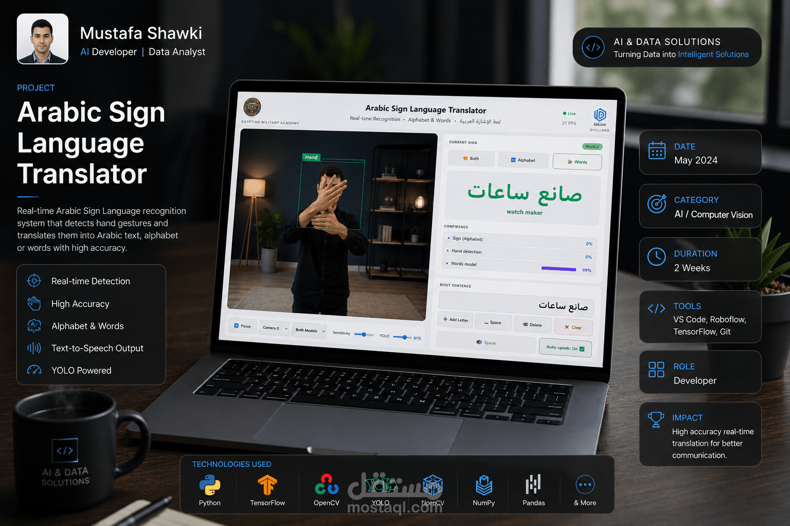 تطوير تطبيق سطح مكتب لترجمة لغة الإشارة العربية بالذكاء الاصطناعي (Real-Time Arabic Sign Language Translator)