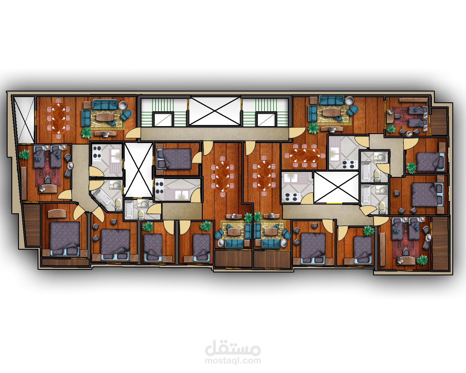تصميم معماري بالفوتوشوب لمشروع سكني يتكون من 4 شقق في الدور الواحد