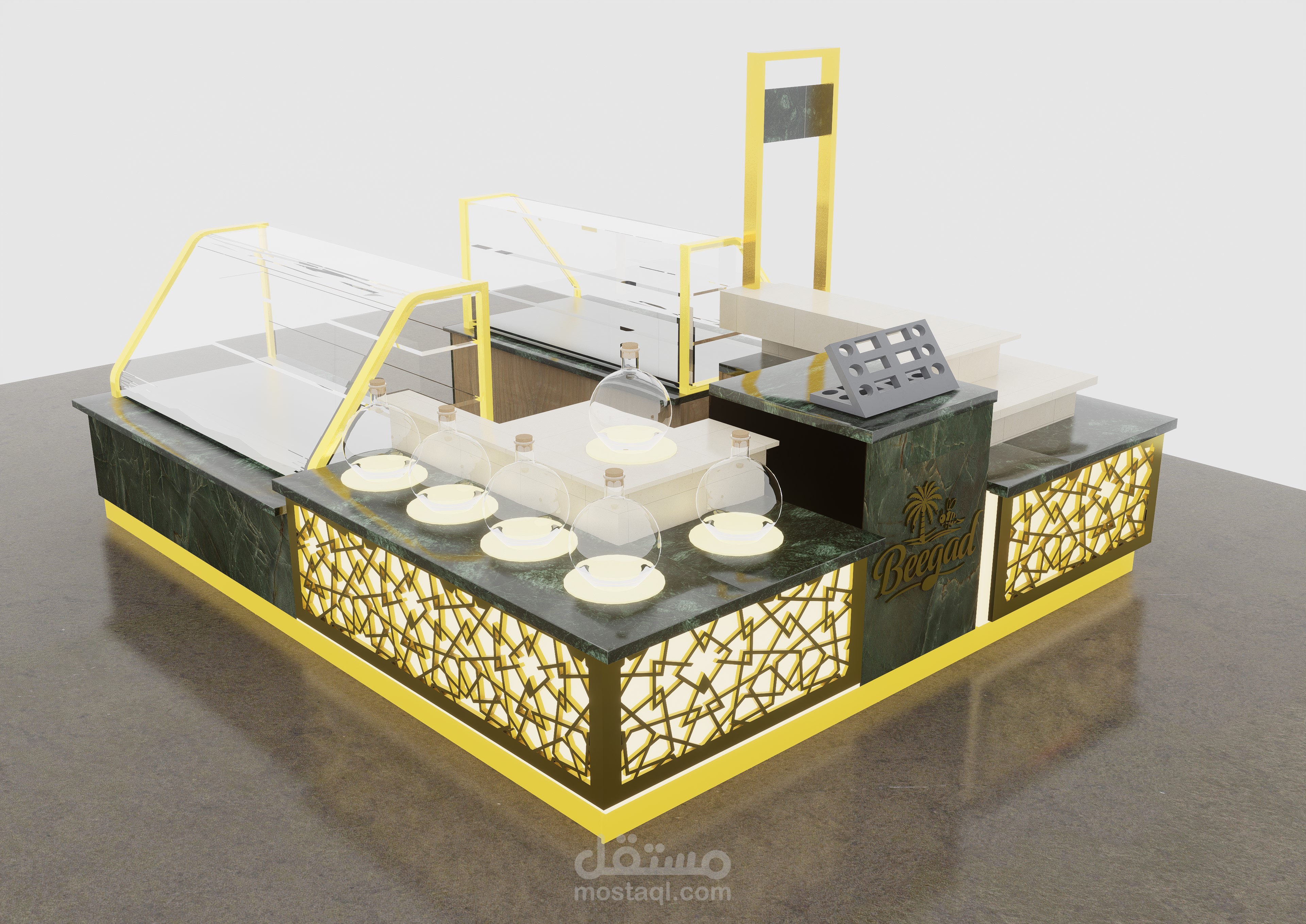 تصميم كشك عرض عسل فاخر داخل مول – Begaad | Honey Display Kiosk Design