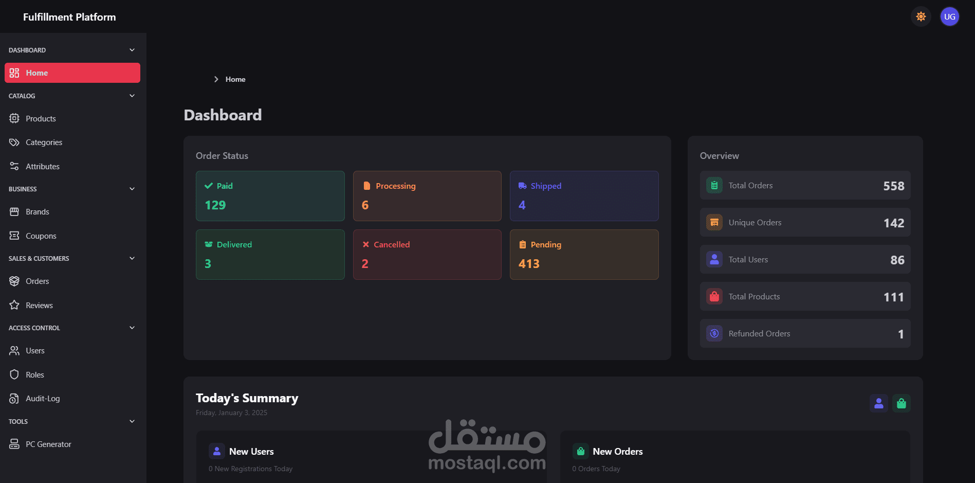 Fulfillment platform - لوحة تحكم بلمنتجات ERP