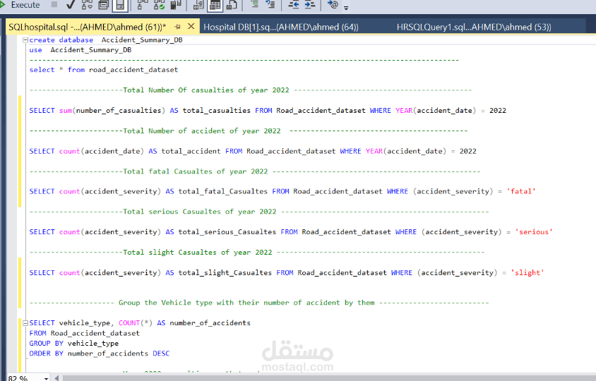 عمل تحليل بيانات لمستشفى باستخدام برنامج SQL