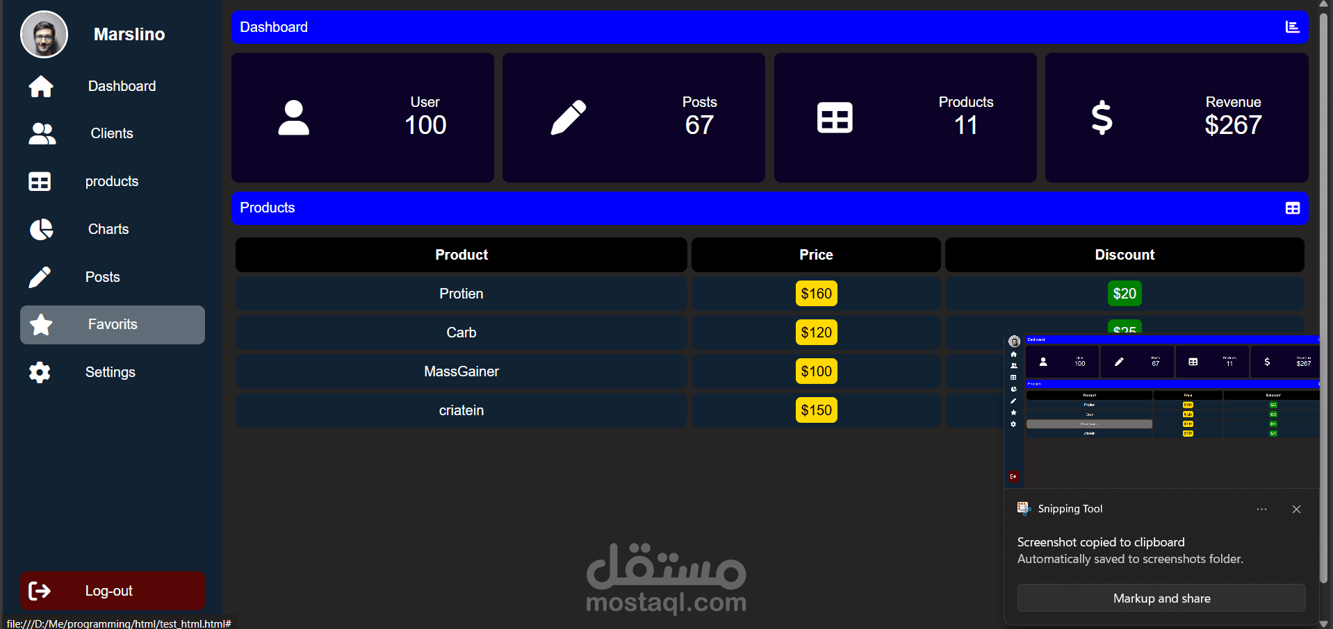 موقع ب ال HTML و ال CSS عباره عن dashboard متجاوب علي حجم الشاشه