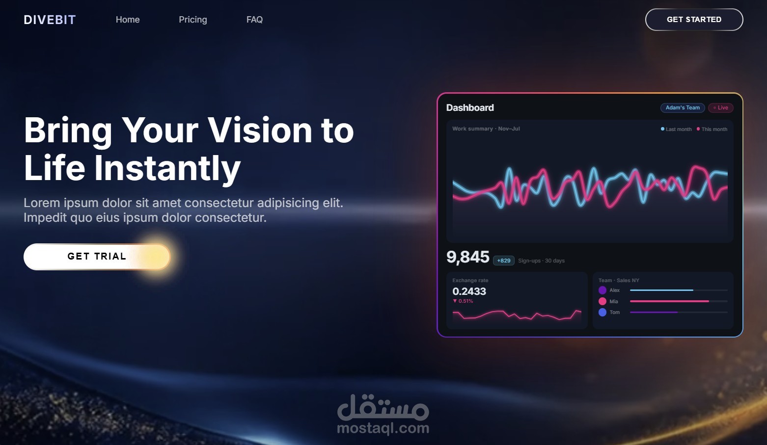 DIVEBIT - صفحة هبوط ذكية مع لوحة تحكم تفاعلية