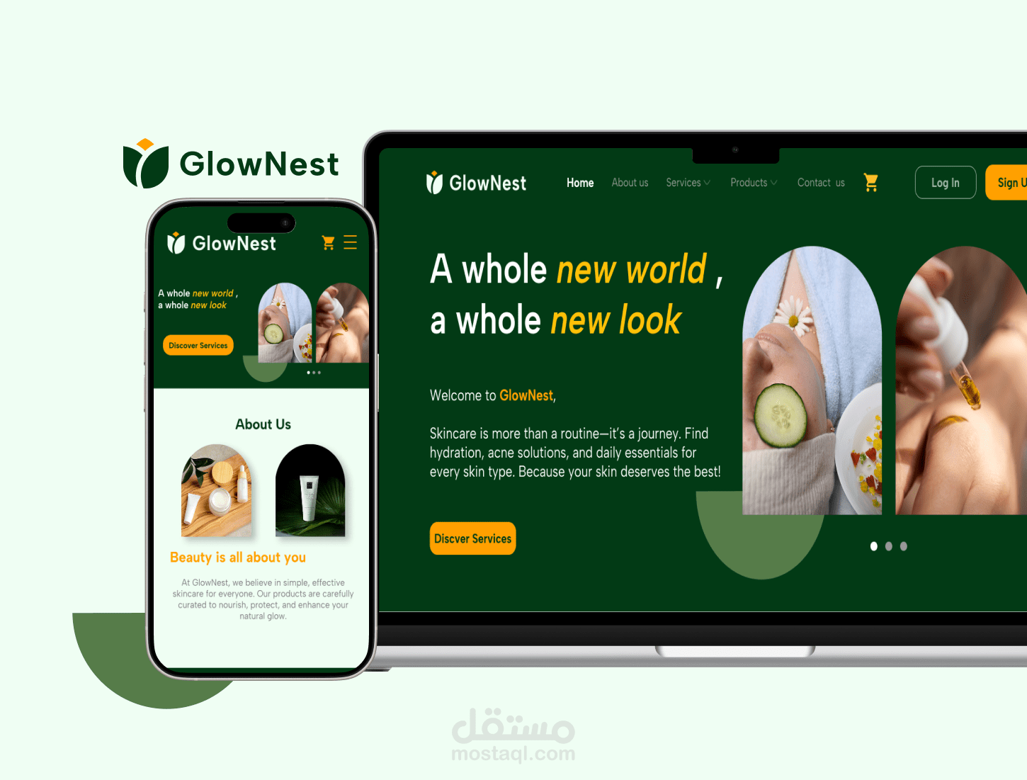 GlowNest – صفحة هبوط لمنتجات وخدمات العناية بالبشرة