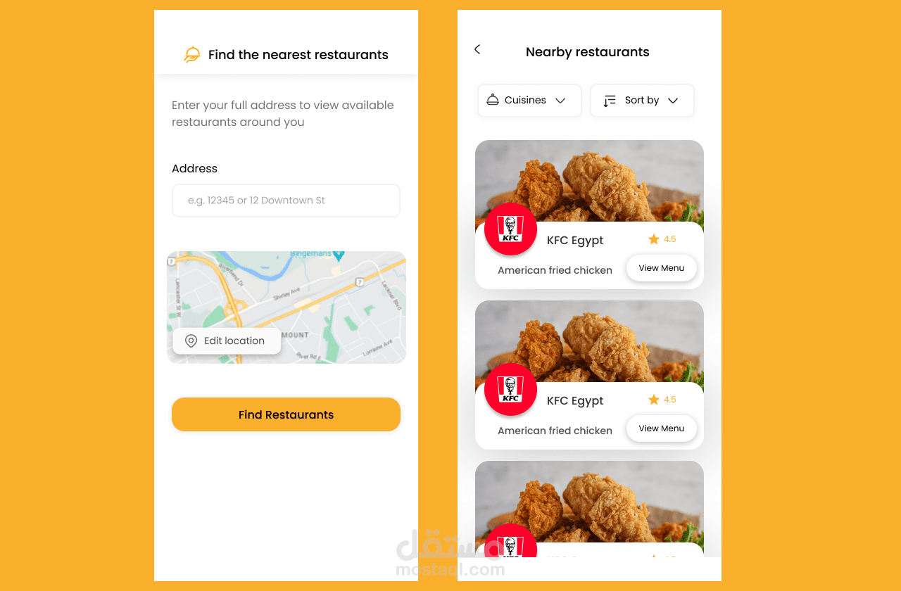 Restaurant location input and menu list