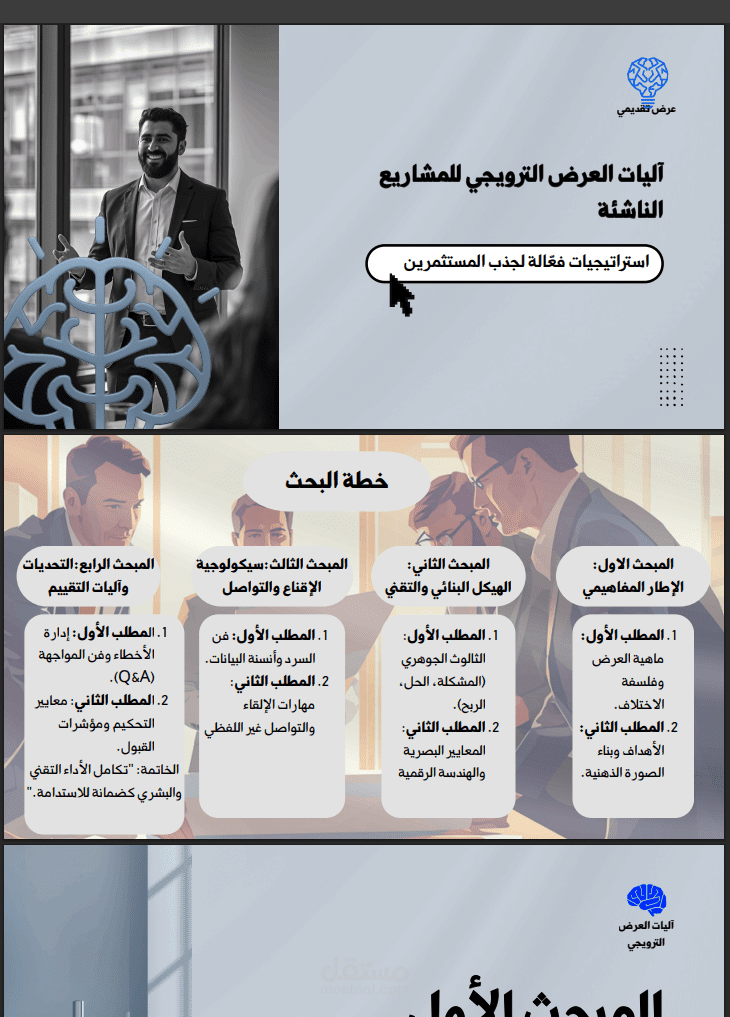 تصميم عرض تقديمي (Pitch Deck) واحترافي وشامل لآليات العروض الترويجية للمشاريع الناشئة