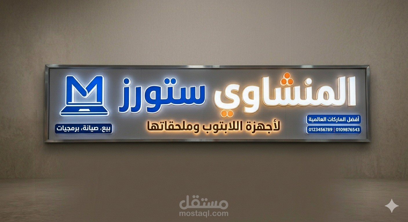 تصميم يافطة خارجية وداخلية لمحل لاب توب