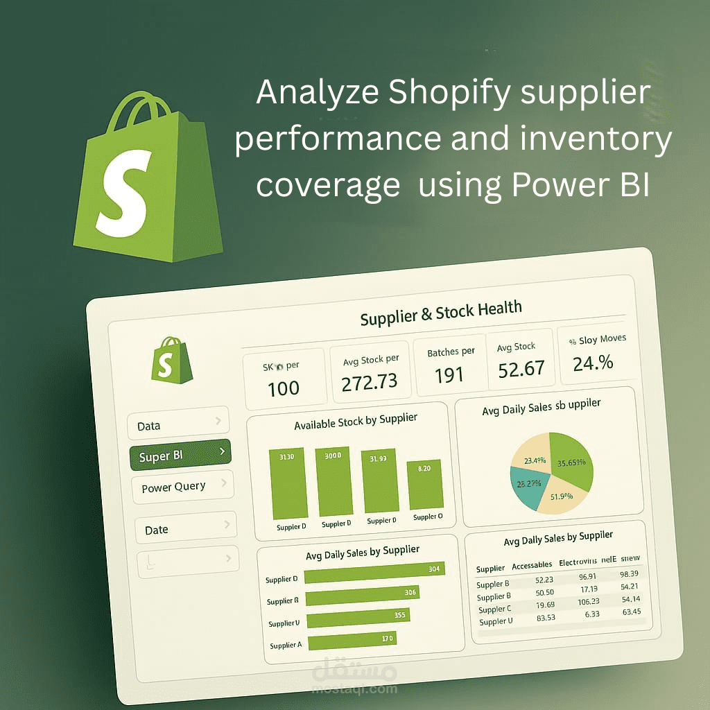 تحليل أداء الموردين وتغطية المخزون وربطها بمبيعات Shopify باستخدام Power BI
