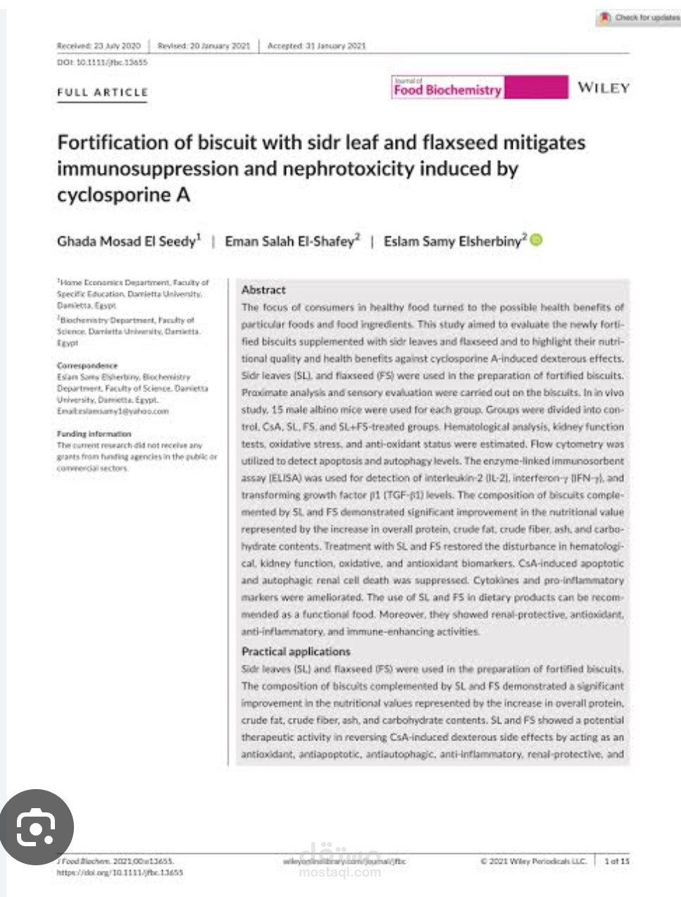 Fortification of biscuit with sidr leaf and flaxseed mitigates immunosuppression and nephrotoxicity induced by cyclosporine A