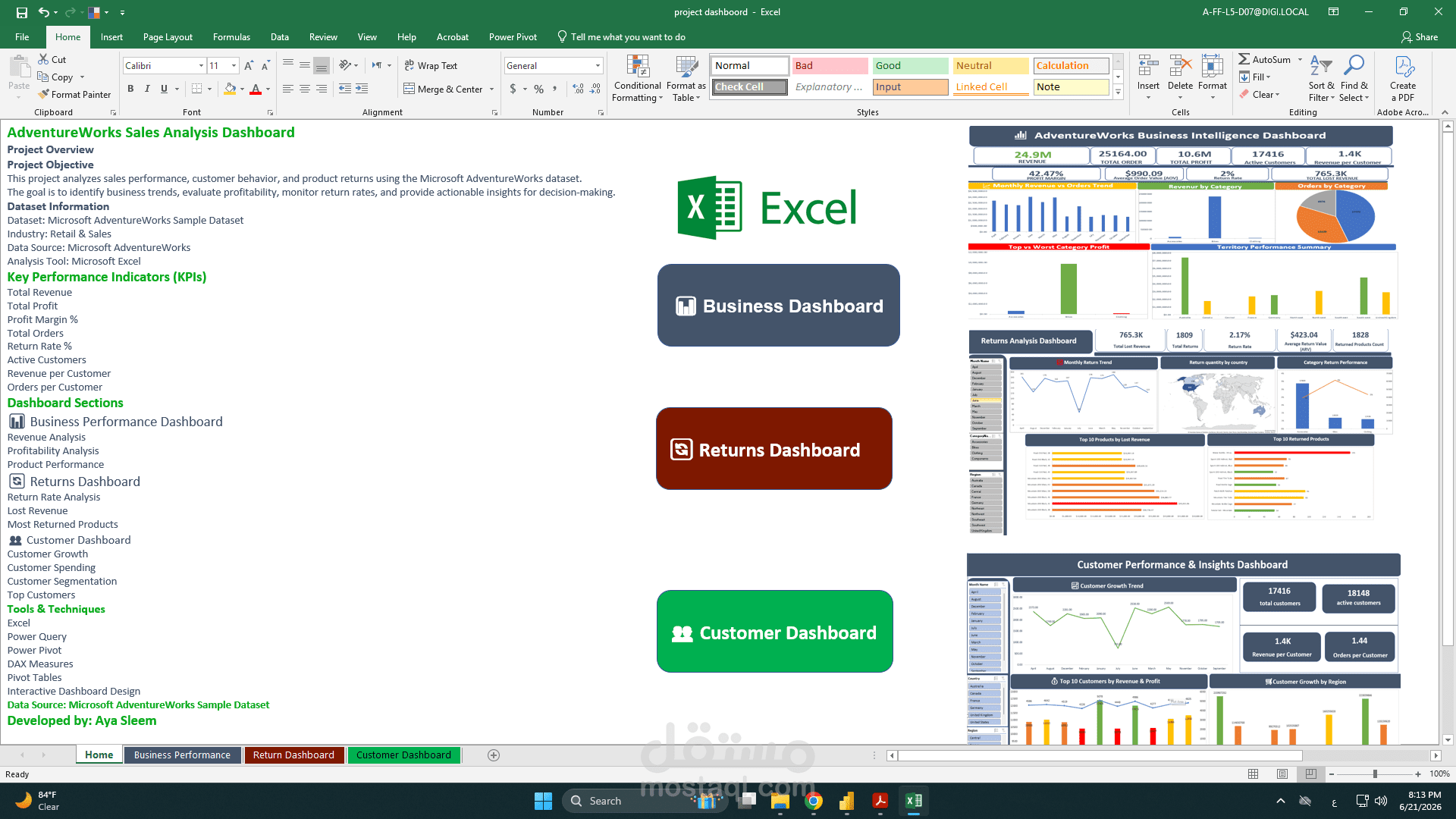 لوحات مؤشرات أداء تفاعلية باستخدام Excel لتحليل بيانات مبيعات AdventureWorks