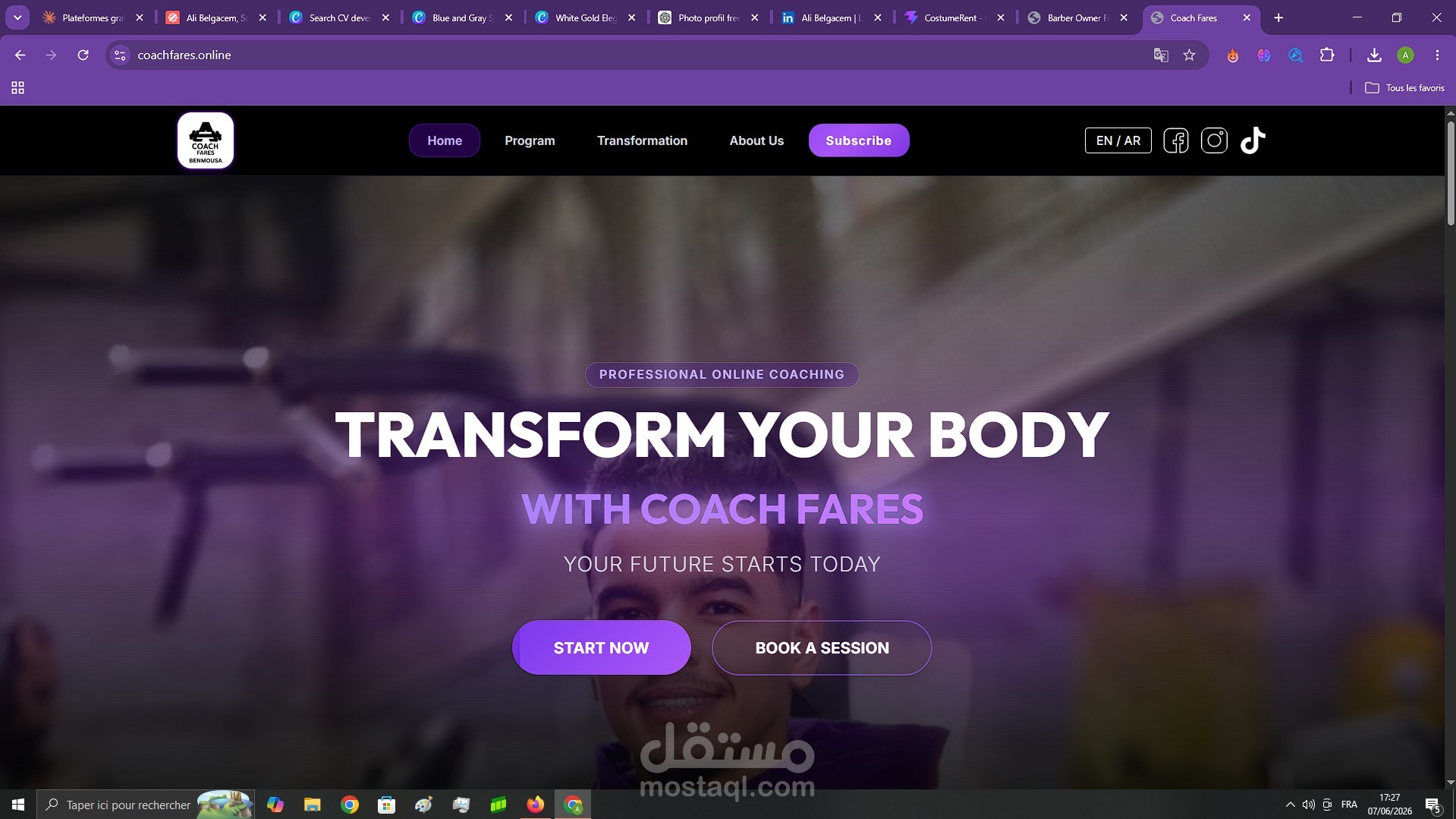 موقع شخصي احترافي لمدرب اللياقة البدنية Coach Fares