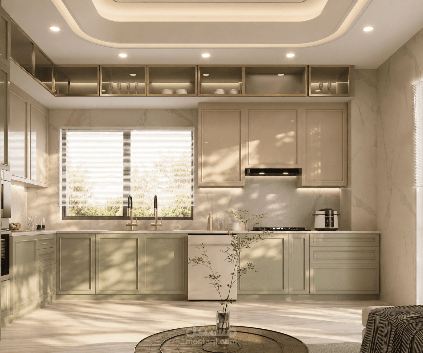 تصميم مطبخ وجلسة بألوان دافئة