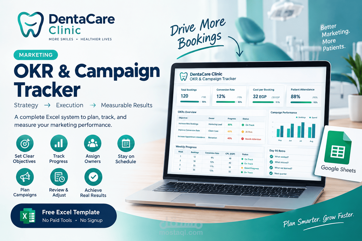 DentaCare OKR & Campaign Tracker - تصميم نظام متابعة الأهداف التسويقية وأداء الحملات باستخدام Excel