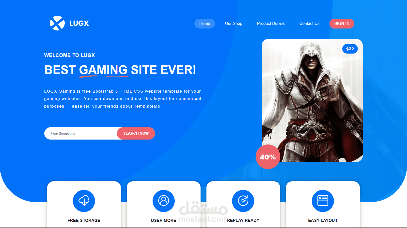 موقع ألعاب احترافي بتصميم عصري وجذاب، مناسب لمواقع عرض الألعاب أو المتاجر الإلكترونية الخاصة بالجيمينج.