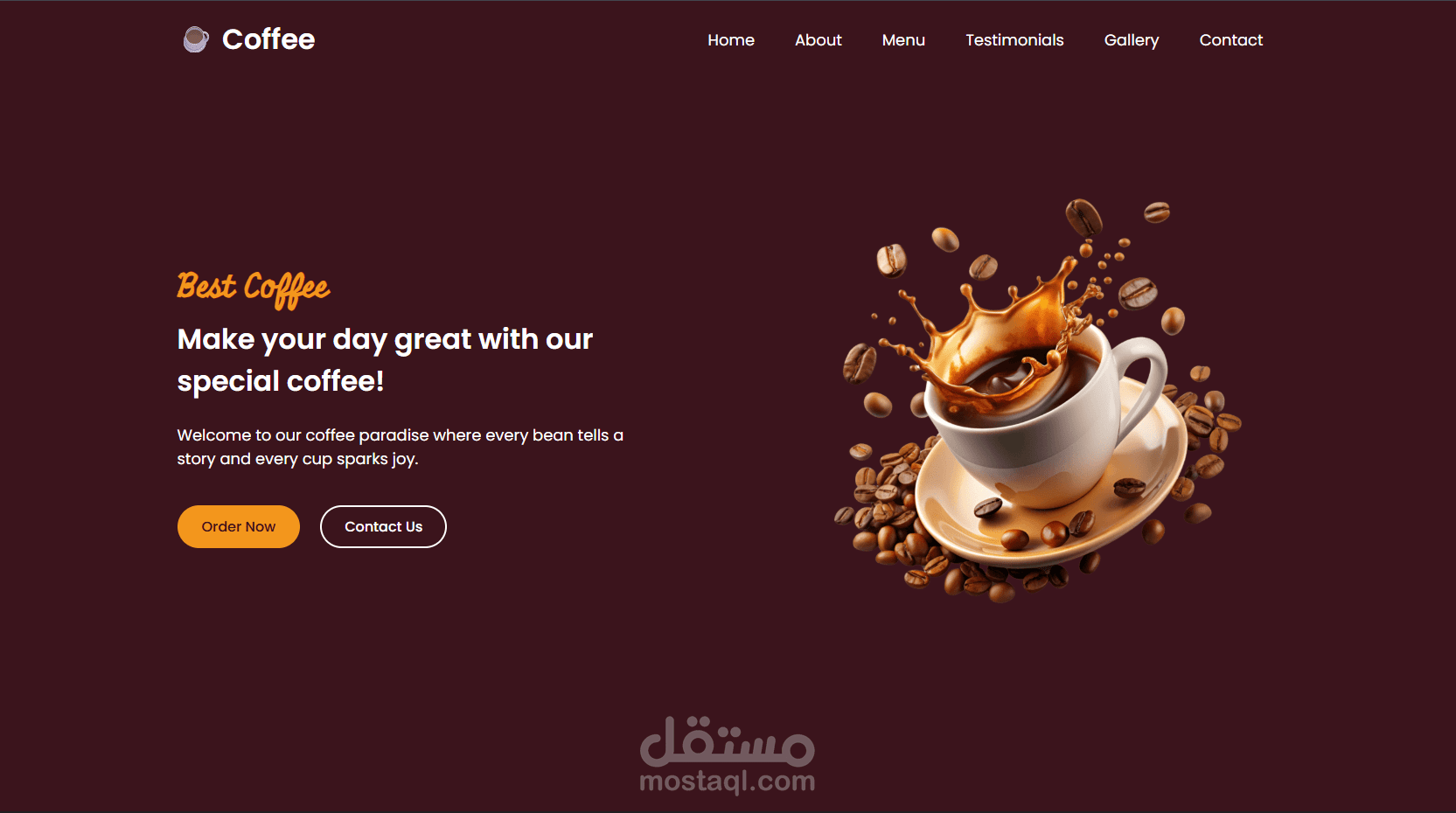 موقع ويب احترافي لتقديم وعرض قهوة ومشروبات ومأكولات خفيفة بتصميم أنيق وعصري مناسب لأي كافيه أو مقهى.