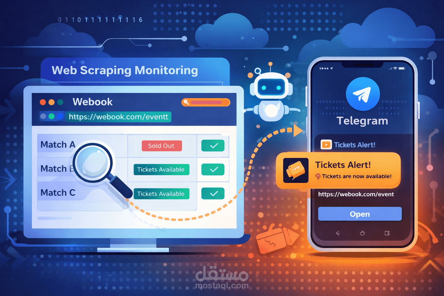 Web Scraping لمتابعة تذاكر Webook والتنبيه الفوري عند فتح البيع
