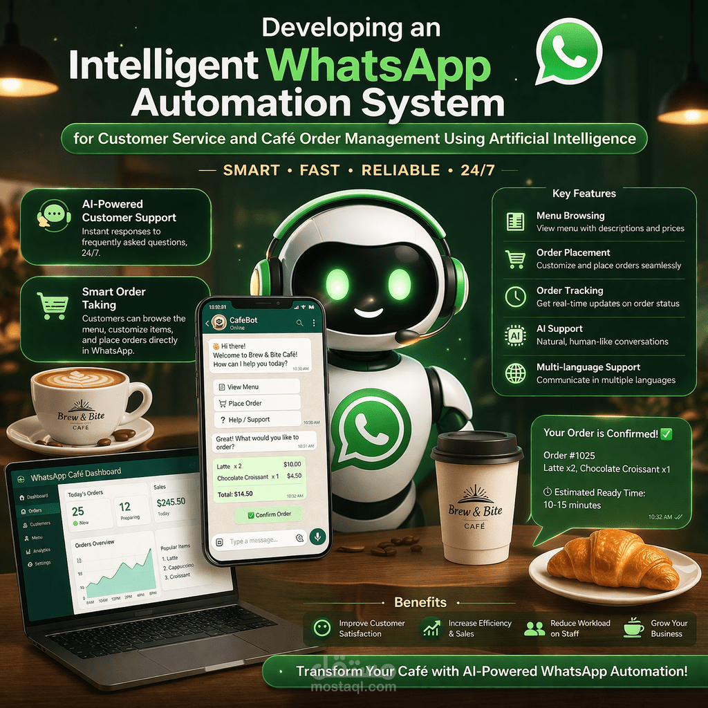 تطوير نظام أتمتة واتساب ذكي لإدارة خدمة العملاء واستقبال طلبات الكافيه باستخدام الذكاء الاصطناعي