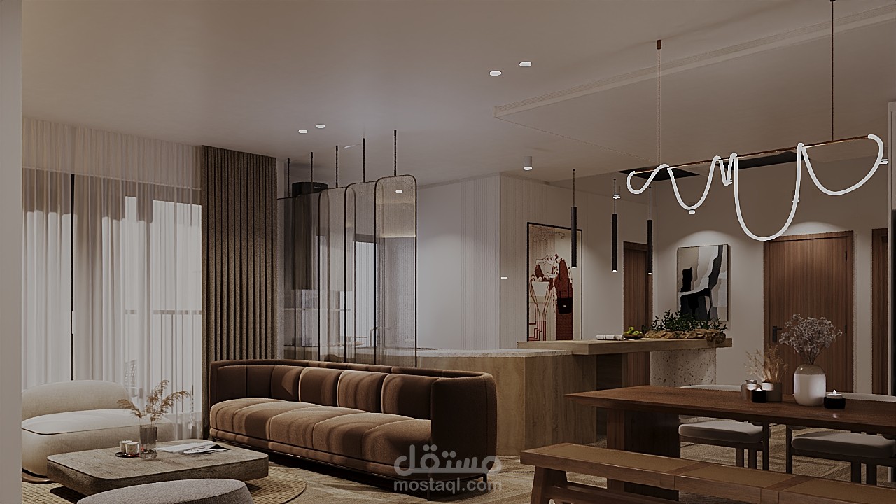 صاله استقبال بتصميم حديث مع سفره و مطبخ مفتوح