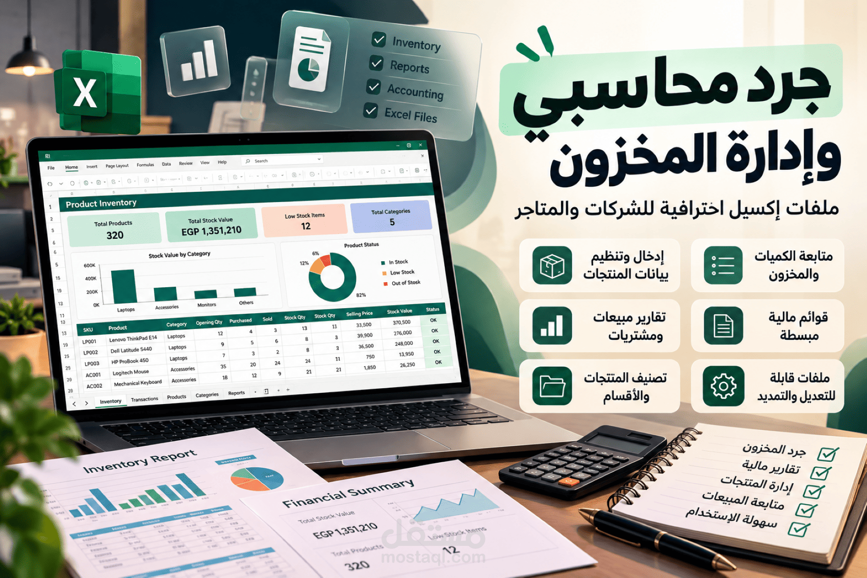 إعداد ملفات Excel احترافية لجرد المخزون وإدارة الحسابات