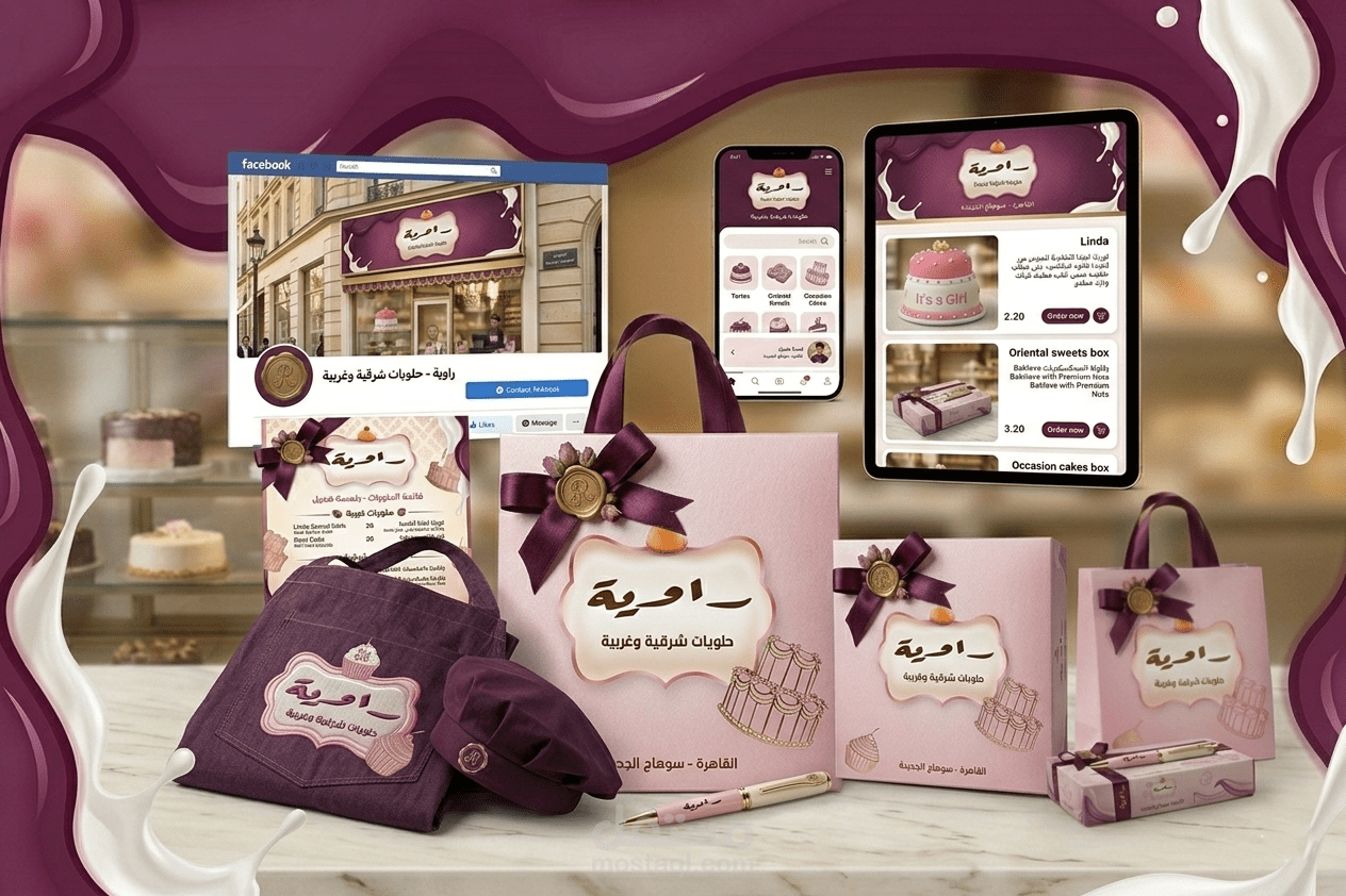 تصميم هوية بصرية كاملة لبراند حلويات (راوية)